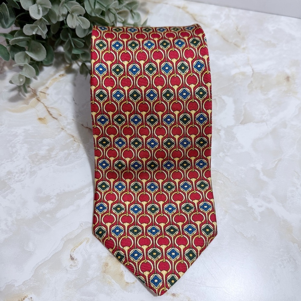 NWOT Tom James Men's Silk Print Tie Red/Green/Blue 3 3/4"W x 58 1/2" Preppy Work
